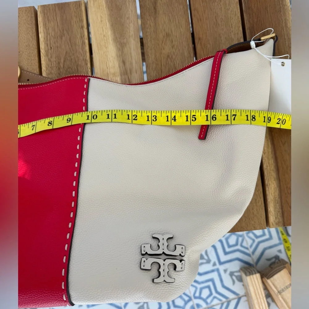 Tory Burch McGraw Colorblock Zip Bucket Bag Brilliant Red New Cream Leather Hobo